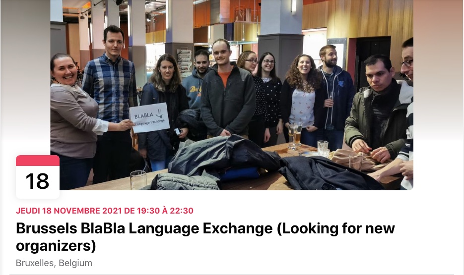 Bannière Facebook. Brussels BlaBla Language Exchange (Looking for new organizers). 2021-11-18
